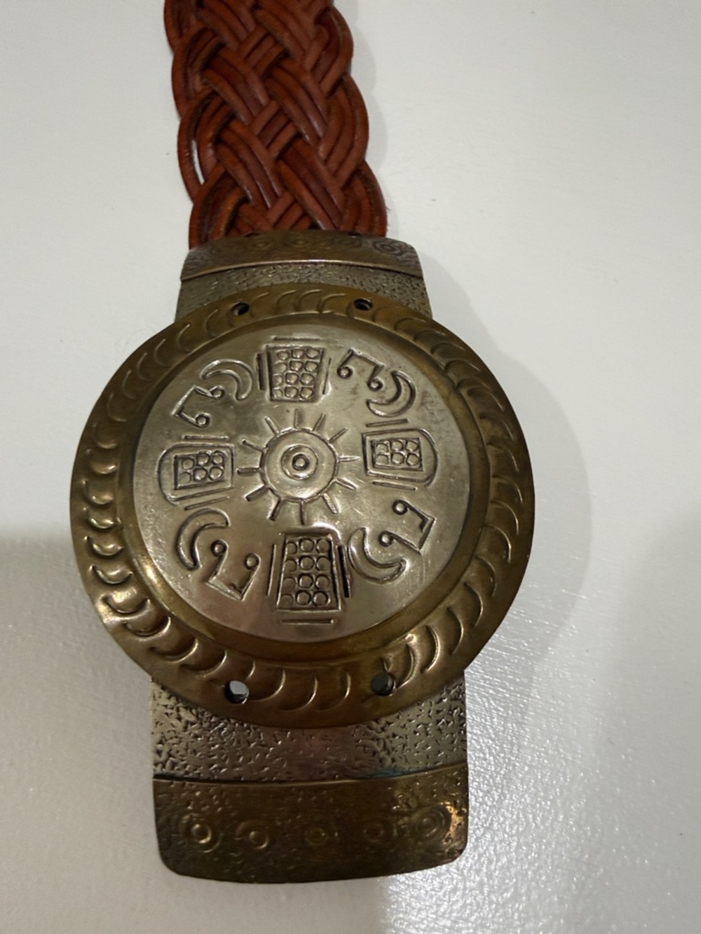 Chico's Braided Brown Leather Belt with Ornate Brass Medallion